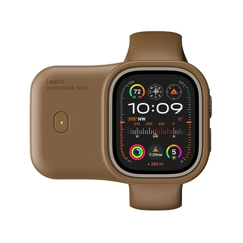 Apple Watch portable wireless charging case with silicone cover in brown, midnight blue and starlight colours