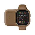 Apple Watch portable wireless charging case with silicone cover in brown, midnight blue and starlight colours