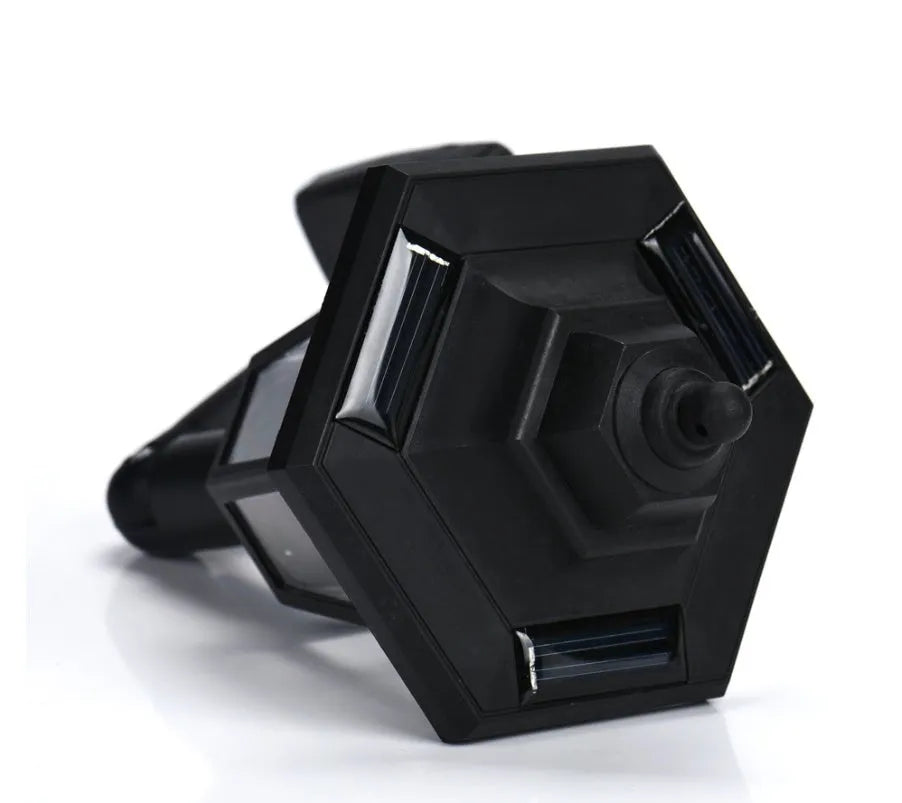 Black hexagonal solar wall lamp with IP44 waterproof rating for outdoor garden installation