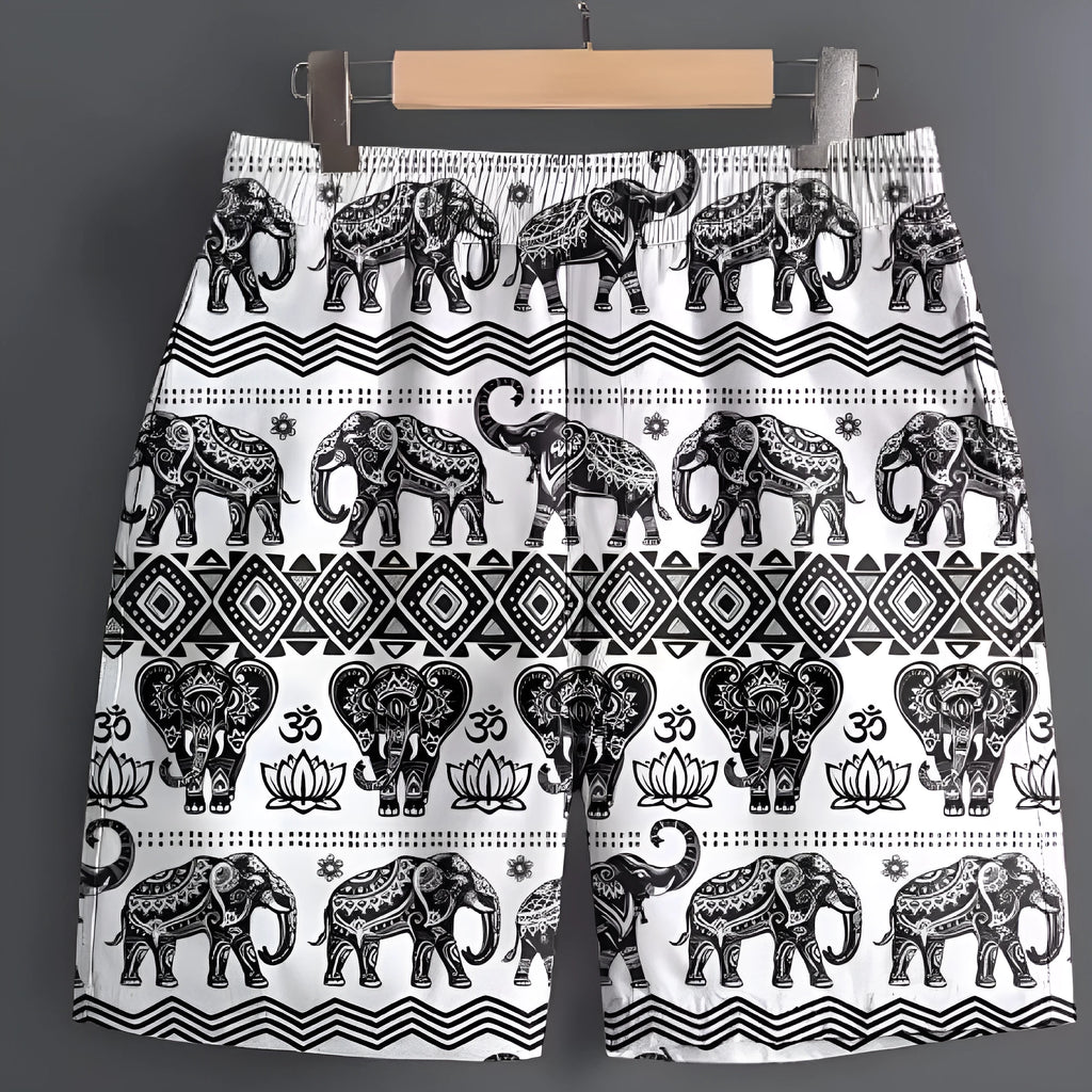 Men's patterned polyester sports shorts on a hanger, showing camouflage and stripe design options.