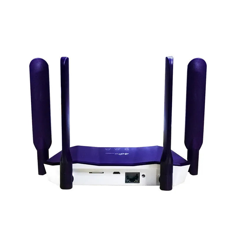 Blue 4G dual-mode wireless wired router with four external antennas.