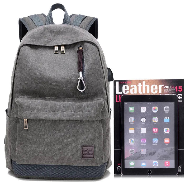 Canvas USB rechargeable backpack in coffee colour showing laptop pocket and zipper compartment