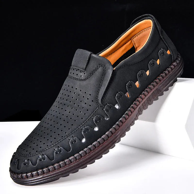 Men's brown slip-on casual shoes with round toe and sewing line detailing on flat PVC sole
