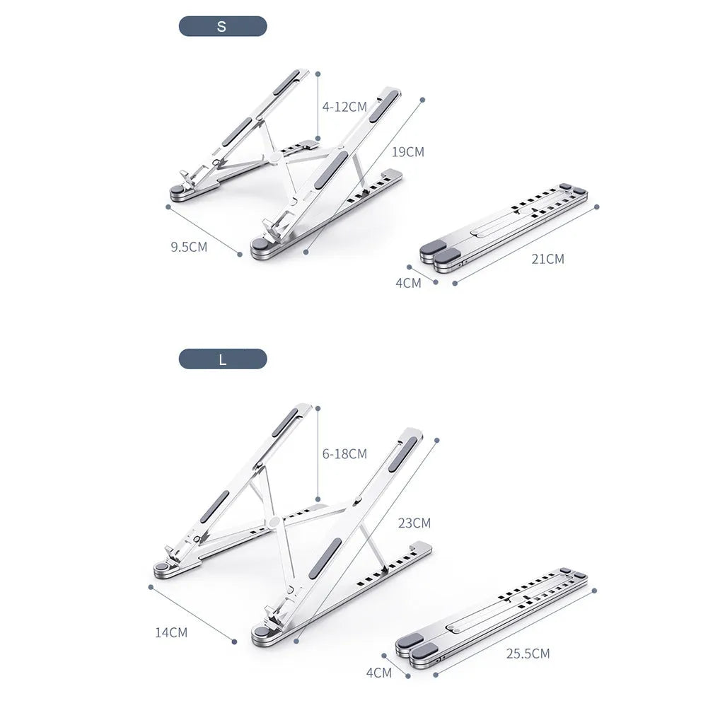 Portable foldable aluminum laptop stand shown in silver colour at an adjustable angle