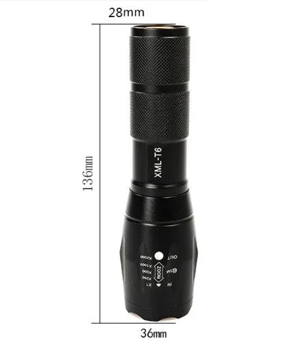Portable mini LED zoom torch with aluminium alloy body, adjustable focus, and 200-500 metre range in black