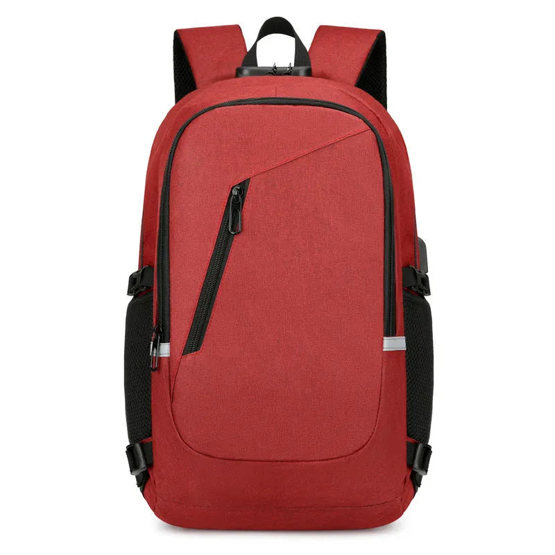 Oxford cloth computer backpack in blue colour showing front compartment and shoulder straps