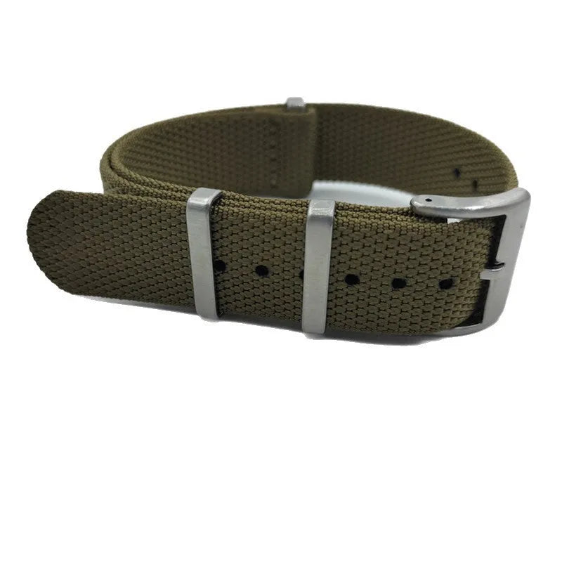 Nylon integrated watch strap in army green colour showing 20mm and 22mm width options.