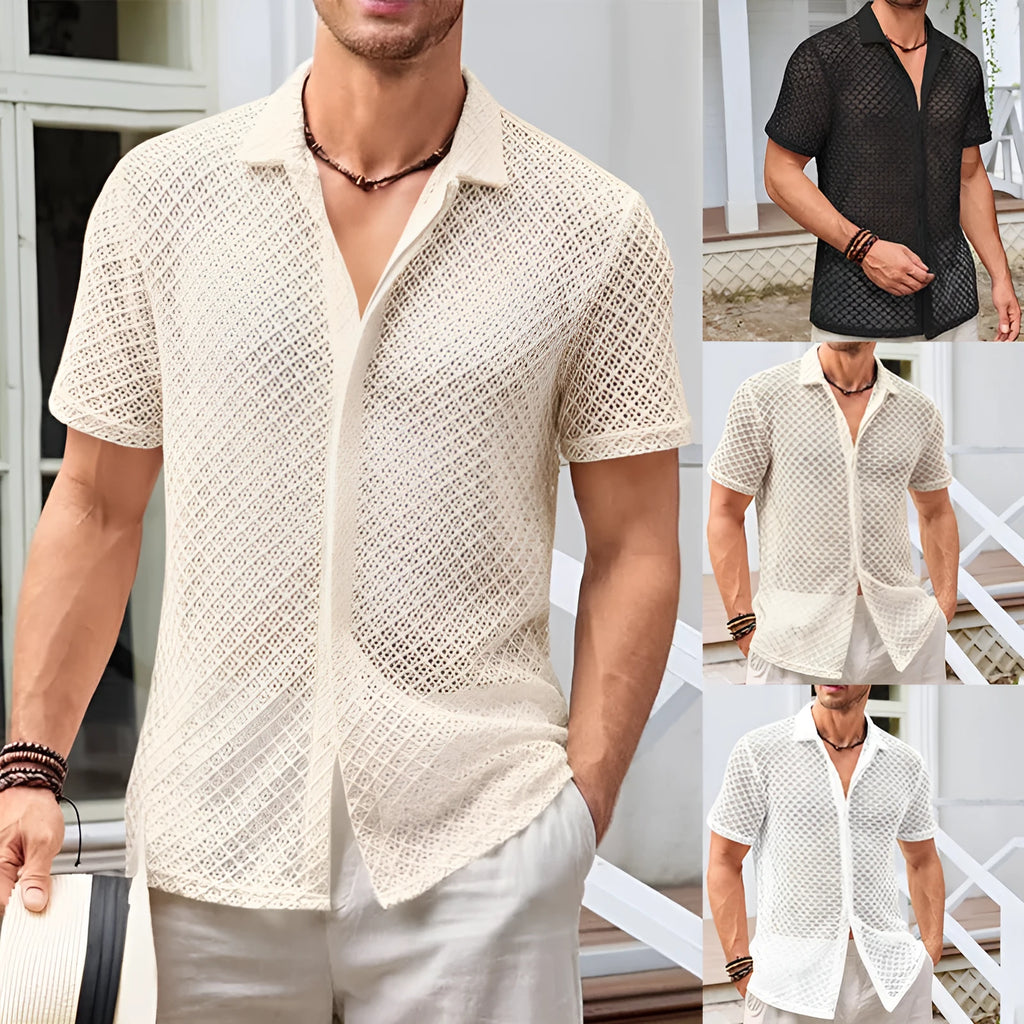 Men's short sleeve mesh shirt with lapel collar in solid colour