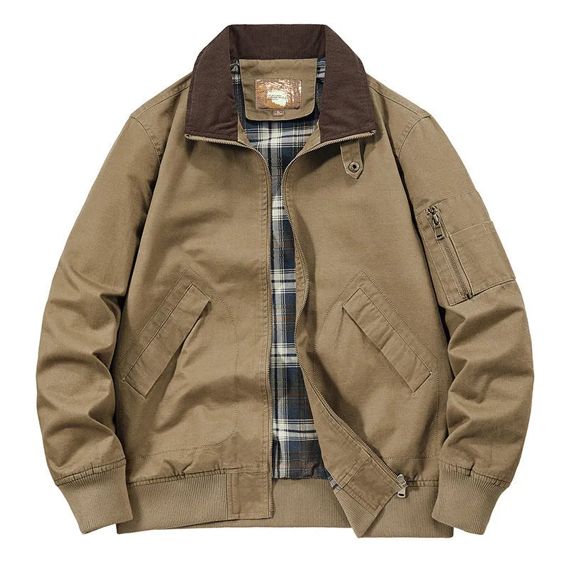 Men's camel coloured washed cotton baseball style jacket showing front view.