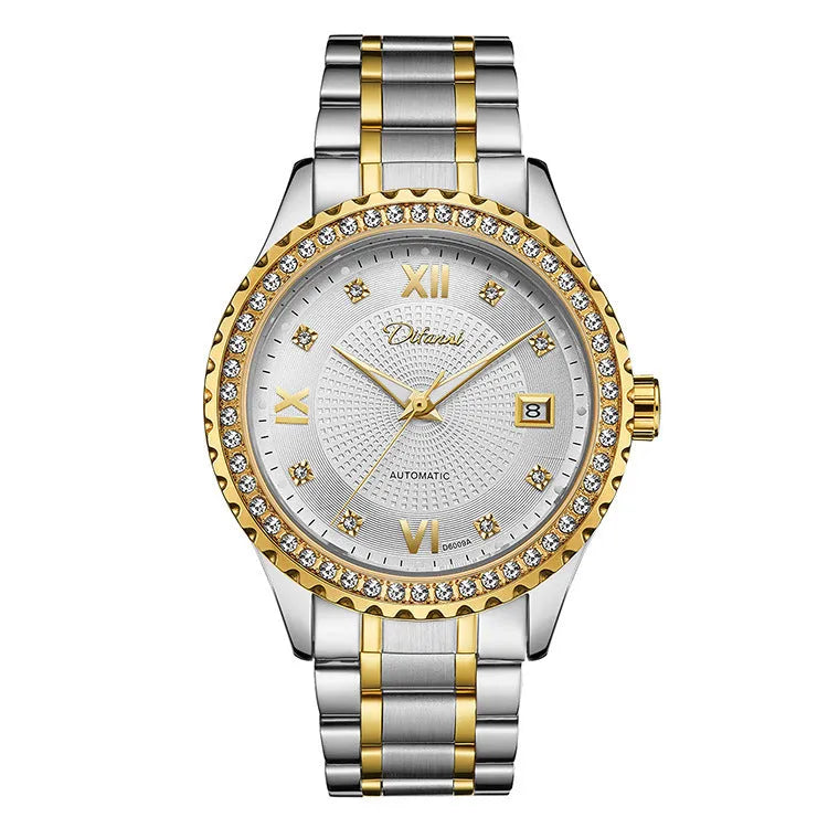 Men's automatic mechanical watch with luminous hands, waterproof design, gold case with black dial