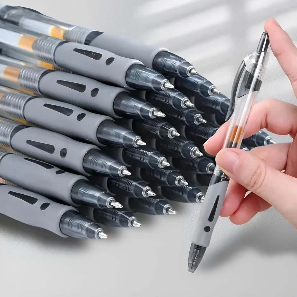 0.5mm gel pen with click mechanism in black, red, and blue colour options