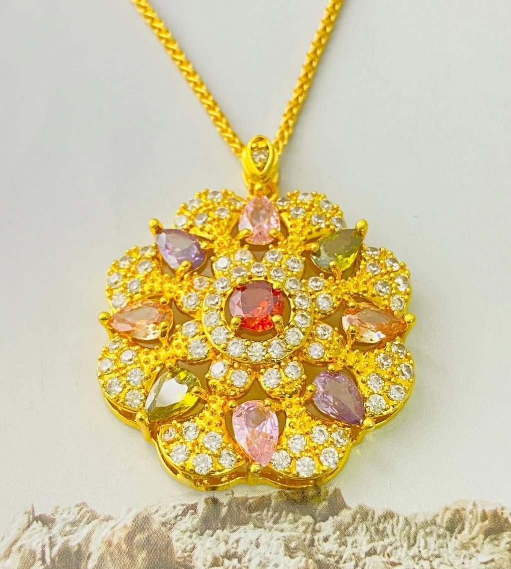 Women's zircon floral pendant necklace with electroplated gold, champagne gold or platinum finish options