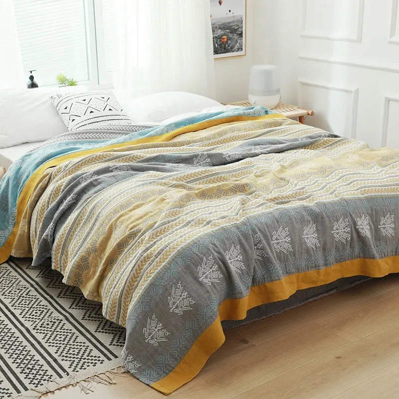 Pure cotton five-layer gauze bed sheet blanket in roulette wheel blue pattern showing modern simple style