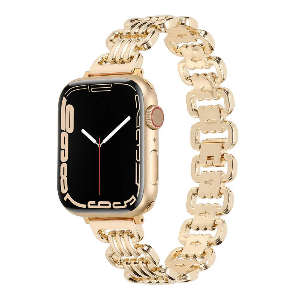 Alloy metal Apple Watch replacement bracelet in silver, black, gold, rose gold, and Starlight colours