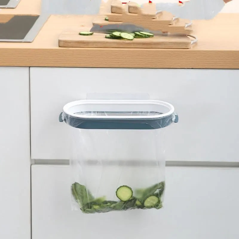 Blue plastic kitchen garbage bag storage rack with compact dimensions for cabinet organisation