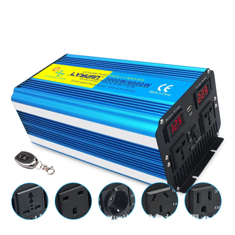 3000W 6000W pure sine wave inverter with dual digital display in blue casing, remote control, and British socket