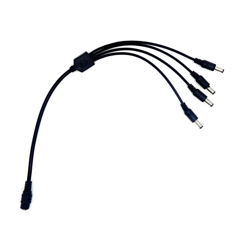 Black DC 1-to-4 monitoring power cord with copper core, 0.39m length, 5.5mm connectors for CCTV cameras