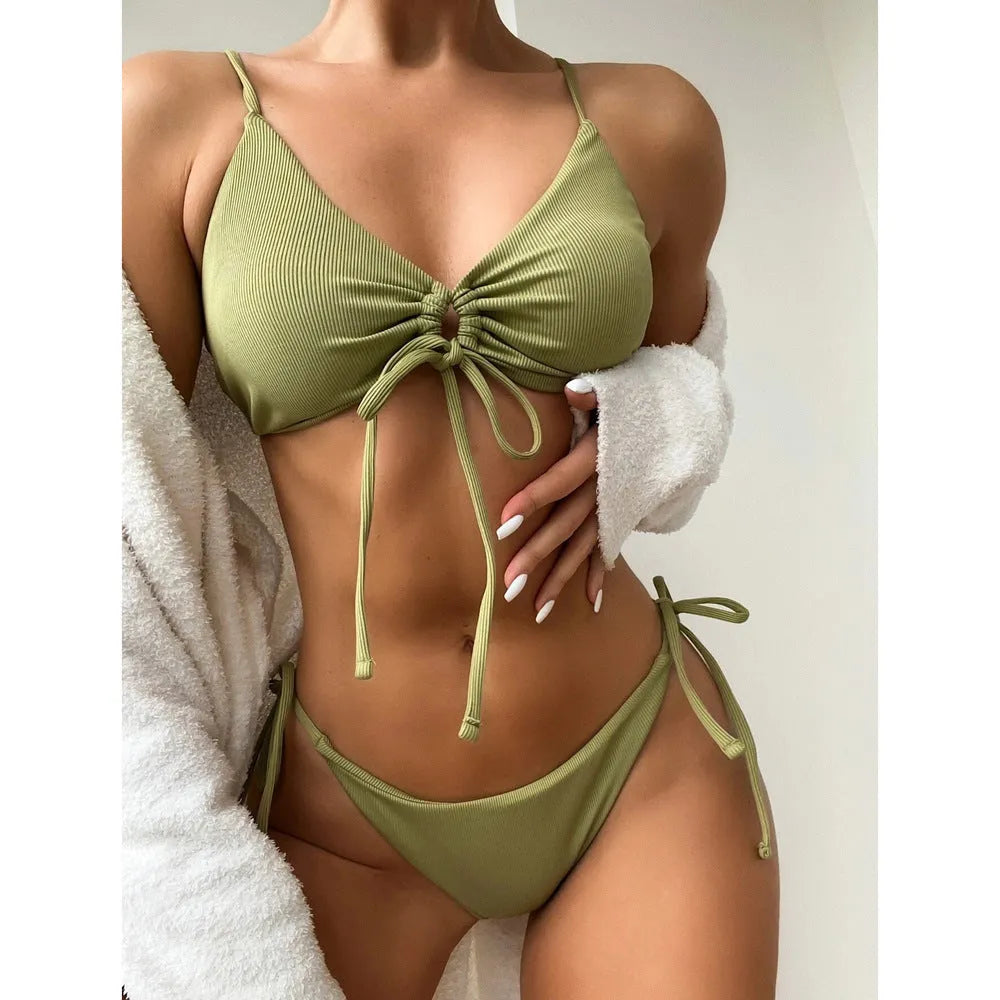 Women's solid colour drawstring bikini set in army green, backless design, quick-drying nylon fabric