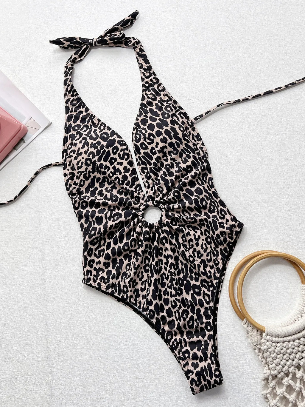 Leopard print hollow-out ring bikini one-piece swimsuit for women