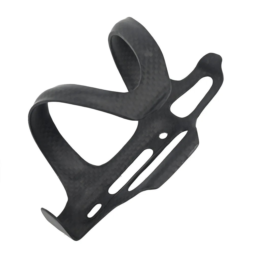 Black all-carbon fibre side pull water bottle cage for bicycles, showing mounting holes.