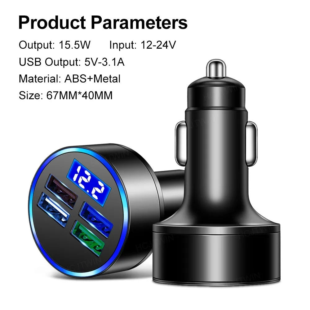 One-to-four multi-port car charger in black with four ports and cigarette lighter plug