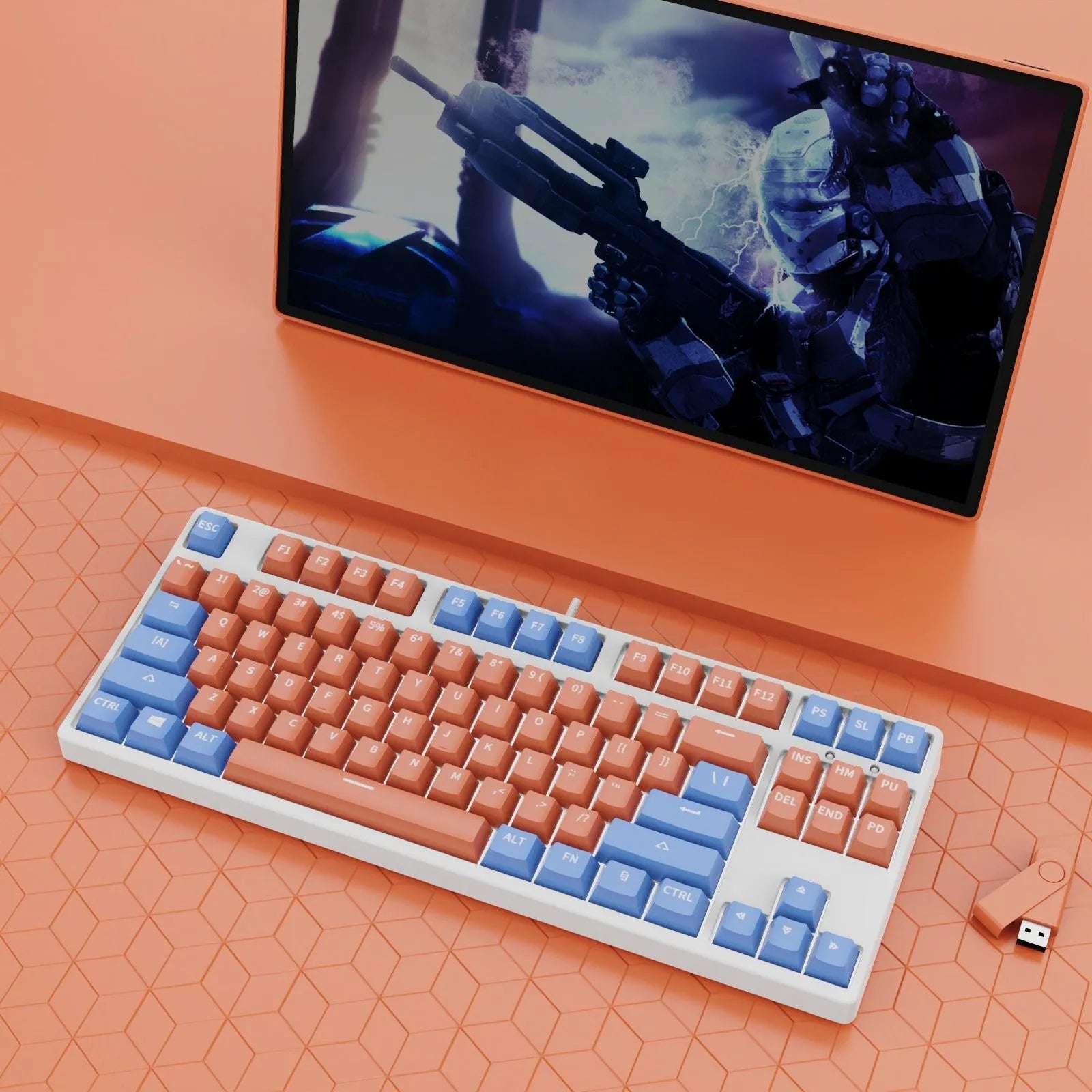 87-key wired mechanical gaming keyboard with colourful keycaps on a metal frame, shown with key puller and cable.