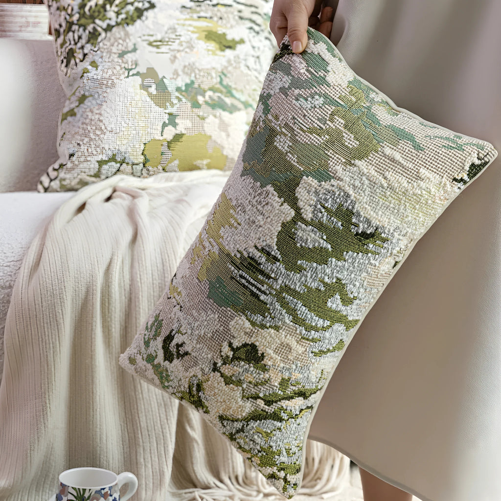 Antique green abstract decorative pillow with French style spring flowers pattern, shown in square and waist pillow sizes.