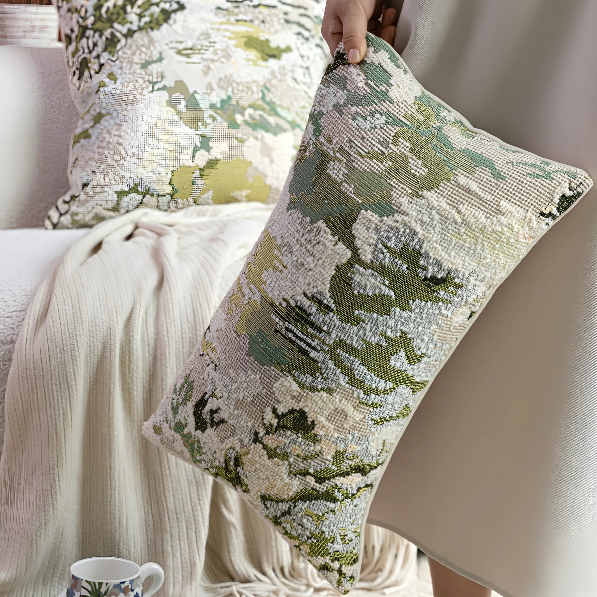 Antique green abstract decorative pillow with French style spring flowers pattern, shown in square and waist pillow sizes.