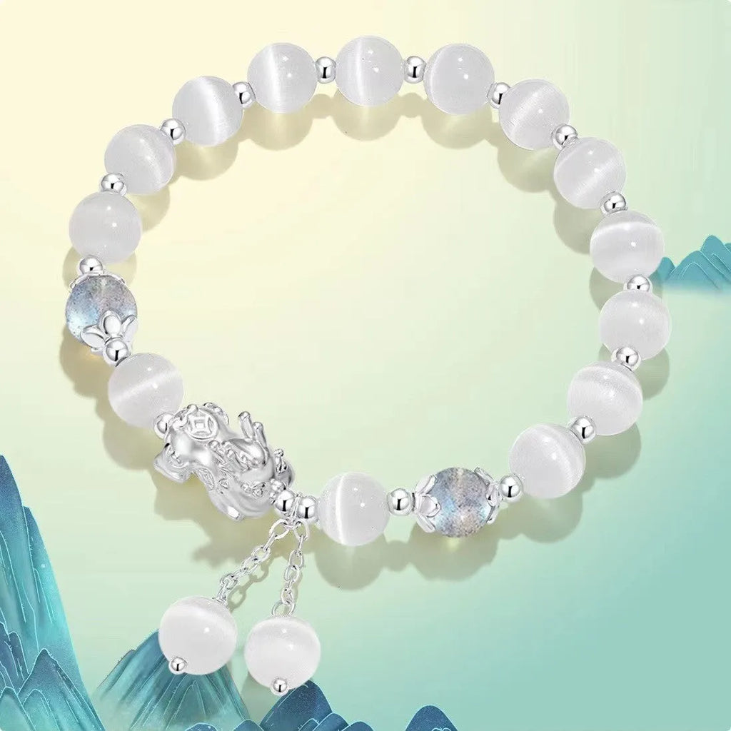 Natural black agate and opal 10mm wave shaped bracelet in gray, couple style handcrafted