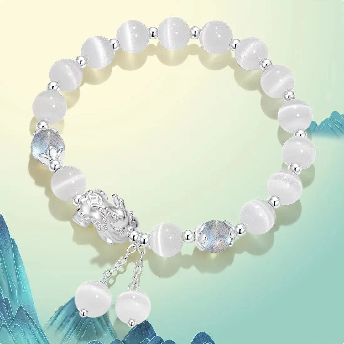 Natural black agate and opal 10mm wave shaped bracelet in gray, couple style handcrafted