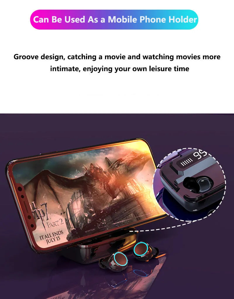 Black M11 style wireless Bluetooth headset with digital display and IPX7 waterproof rating.