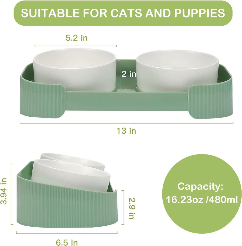 Green ceramic elevated cat bowls with 15-degree tilt and non-slip base