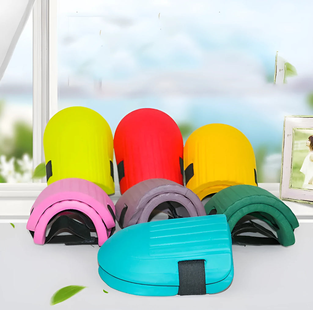 A pair of black EVA foam knee pads for gardening, showing their rectangular shape and thickness.
