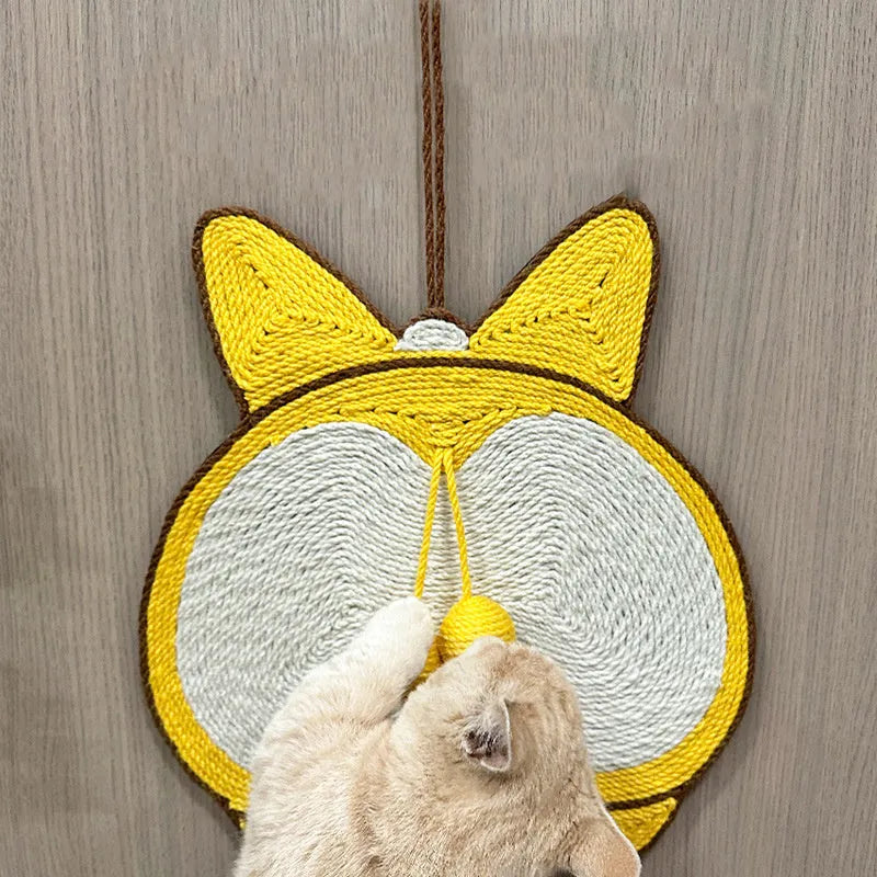Yellow Corgi butt design sisal cat scratching pad with anti-slip base measuring 37 by 40 centimetres
