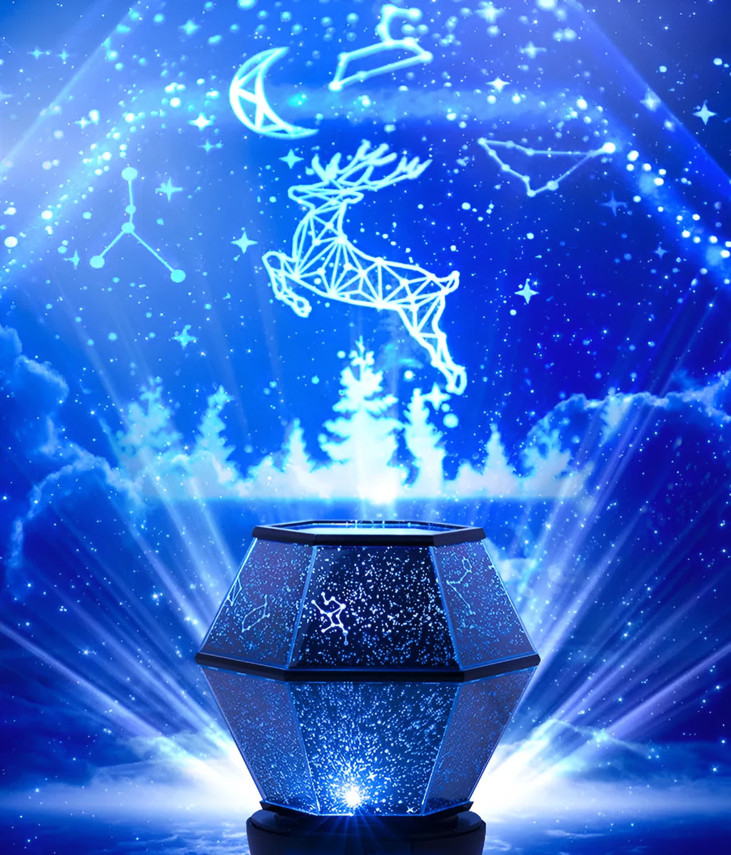 LED rotating star night light for children projecting coloured stars on a wall.
