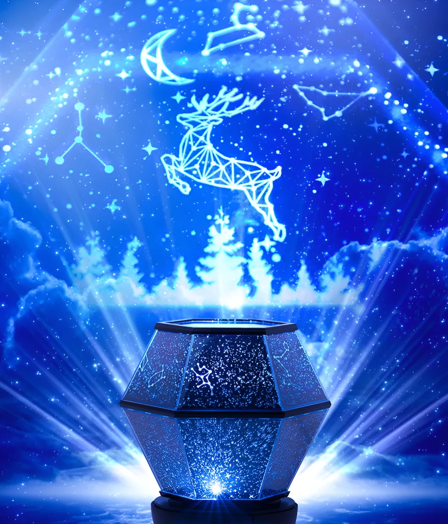 LED rotating star night light for children projecting coloured stars on a wall.