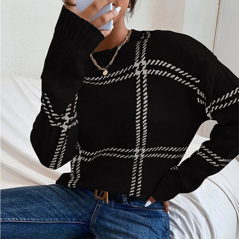 Women's loose fit plaid colour-block sweater with apricot, black, beige, red, and green stripes, crew neck pullover.