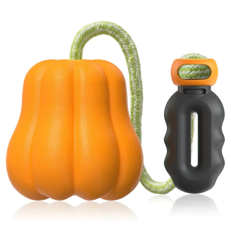 Pumpkin orange plastic dog chew toy with rope detail for outdoor fetch and molar cleaning