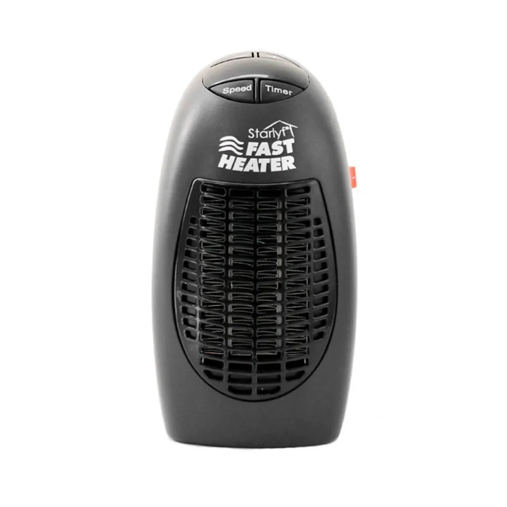 Black compact mini ceramic electric heater with digital display and a rotating plug.