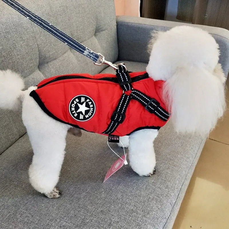 Waterproof dog coat in rain silk fabric with a harness hole, shown in red, navy blue, and army green.