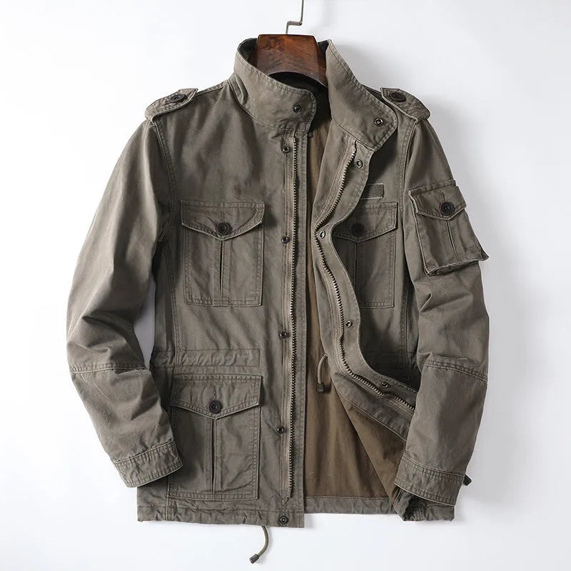 Men's casual retro cotton twill jacket loose fit zip up in light army green colour, front view
