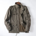 Men's casual retro cotton twill jacket loose fit zip up in light army green colour, front view