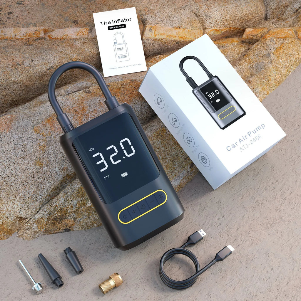 Handheld wireless digital tyre inflator with display showing pressure reading