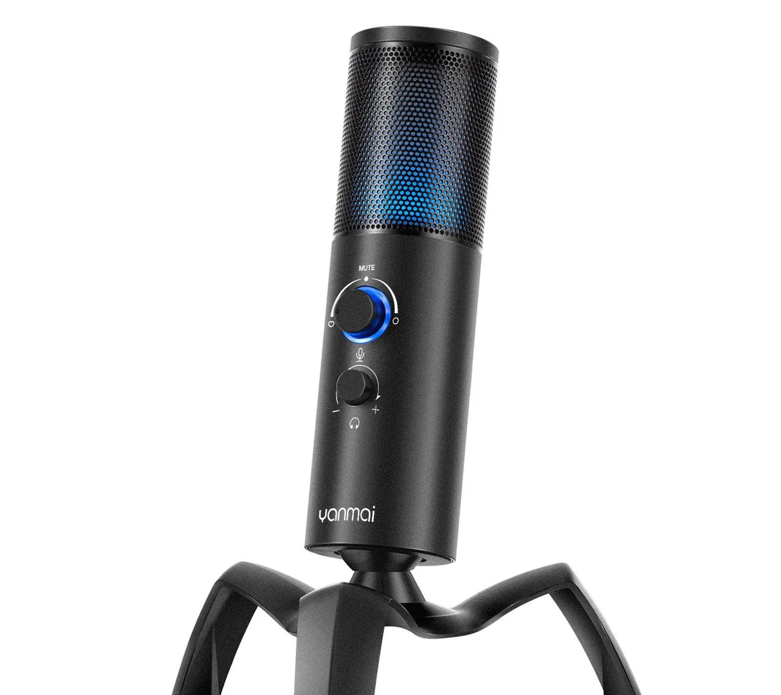 Black Q18 two directional condenser microphone with RGB lights on a tripod stand