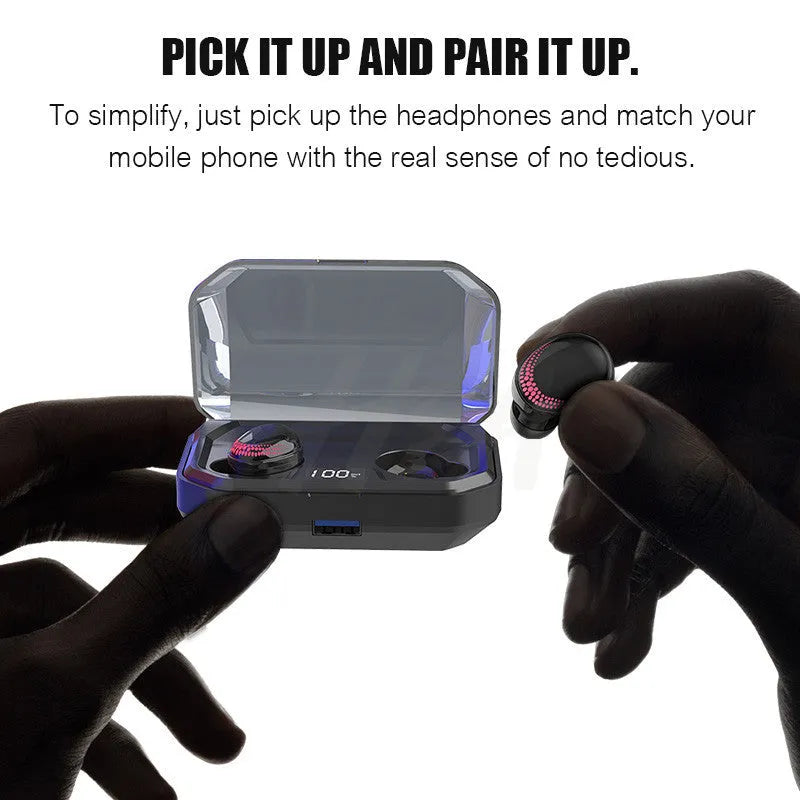 Black X10 Bluetooth wireless earbuds with charging case on a dark surface.