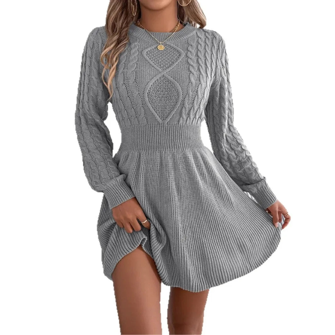 Women's solid colour sweater dress with lantern sleeves and elastic waist in artificial fur fabric