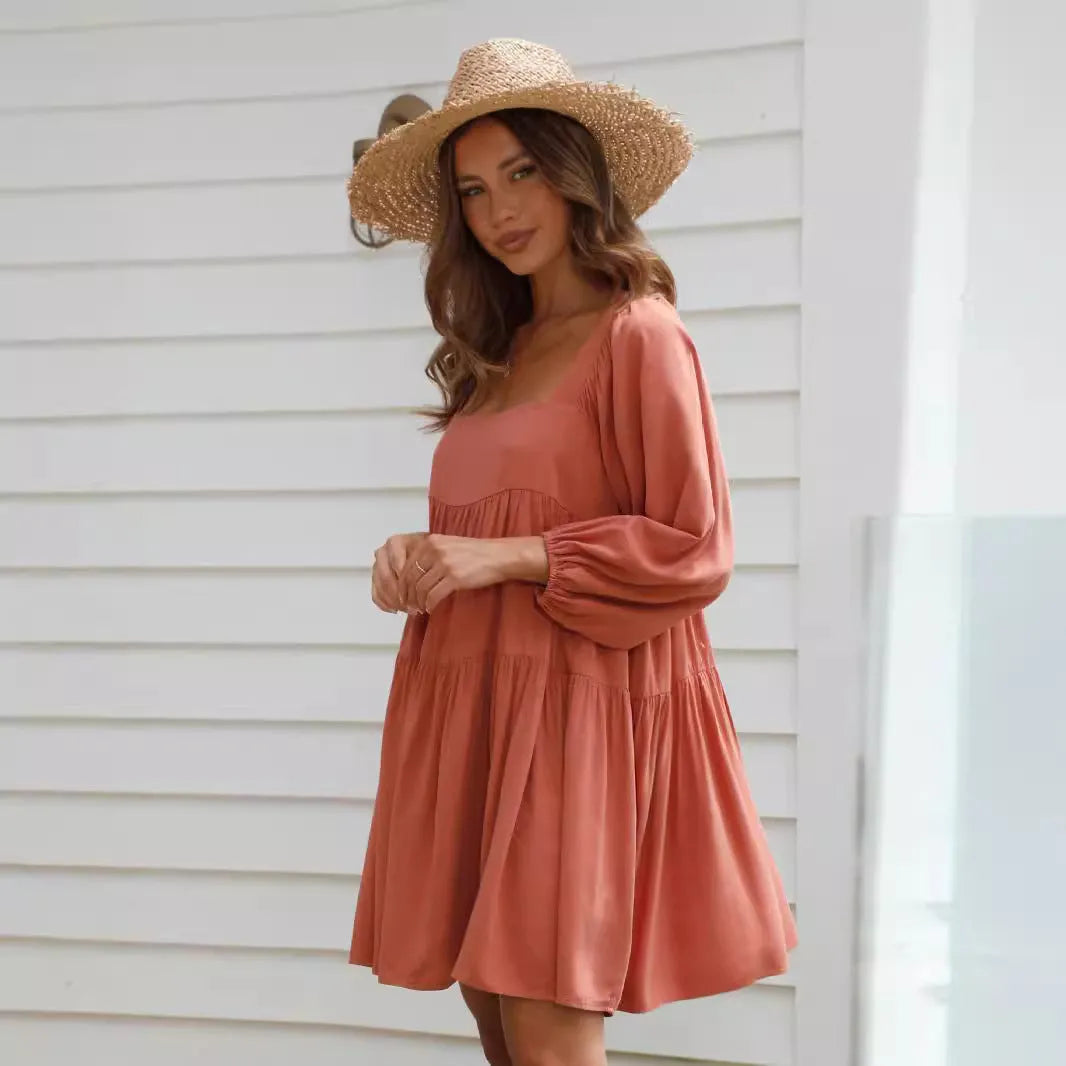 Children's square collar puff sleeve backless dress in A-line silhouette with loose waist