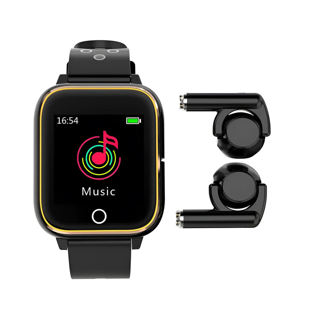 Black smart watch with integrated Bluetooth earbuds showing heart rate monitoring display