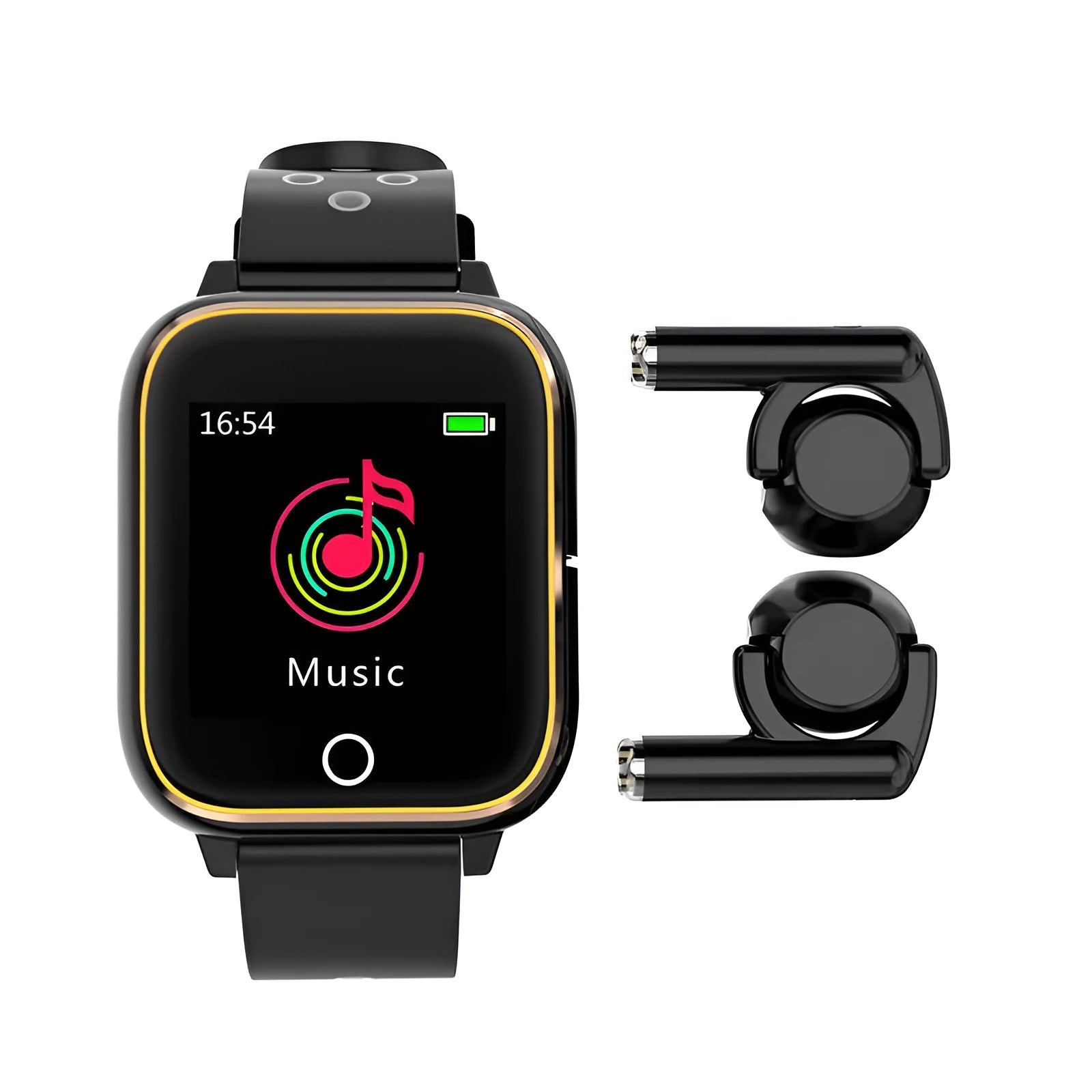 Black smart watch with integrated Bluetooth earbuds showing heart rate monitoring display
