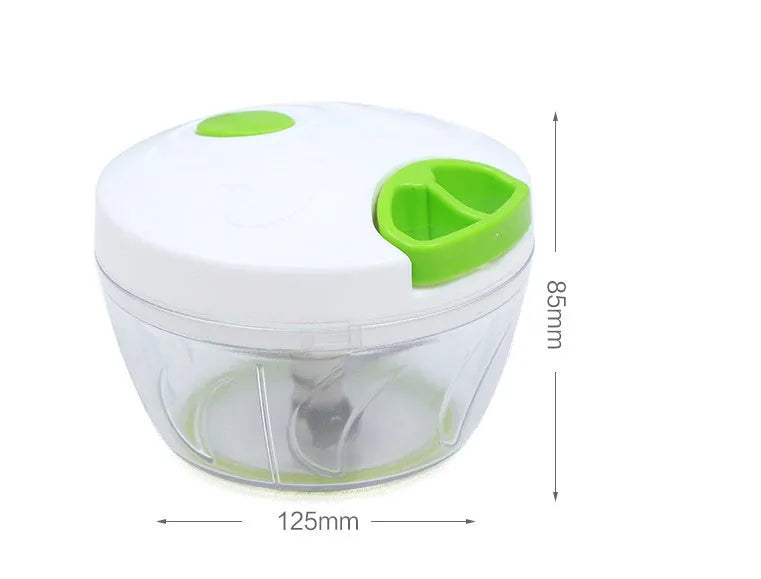 Green manual kitchen chopper with three blades, 500ml capacity, and compact design